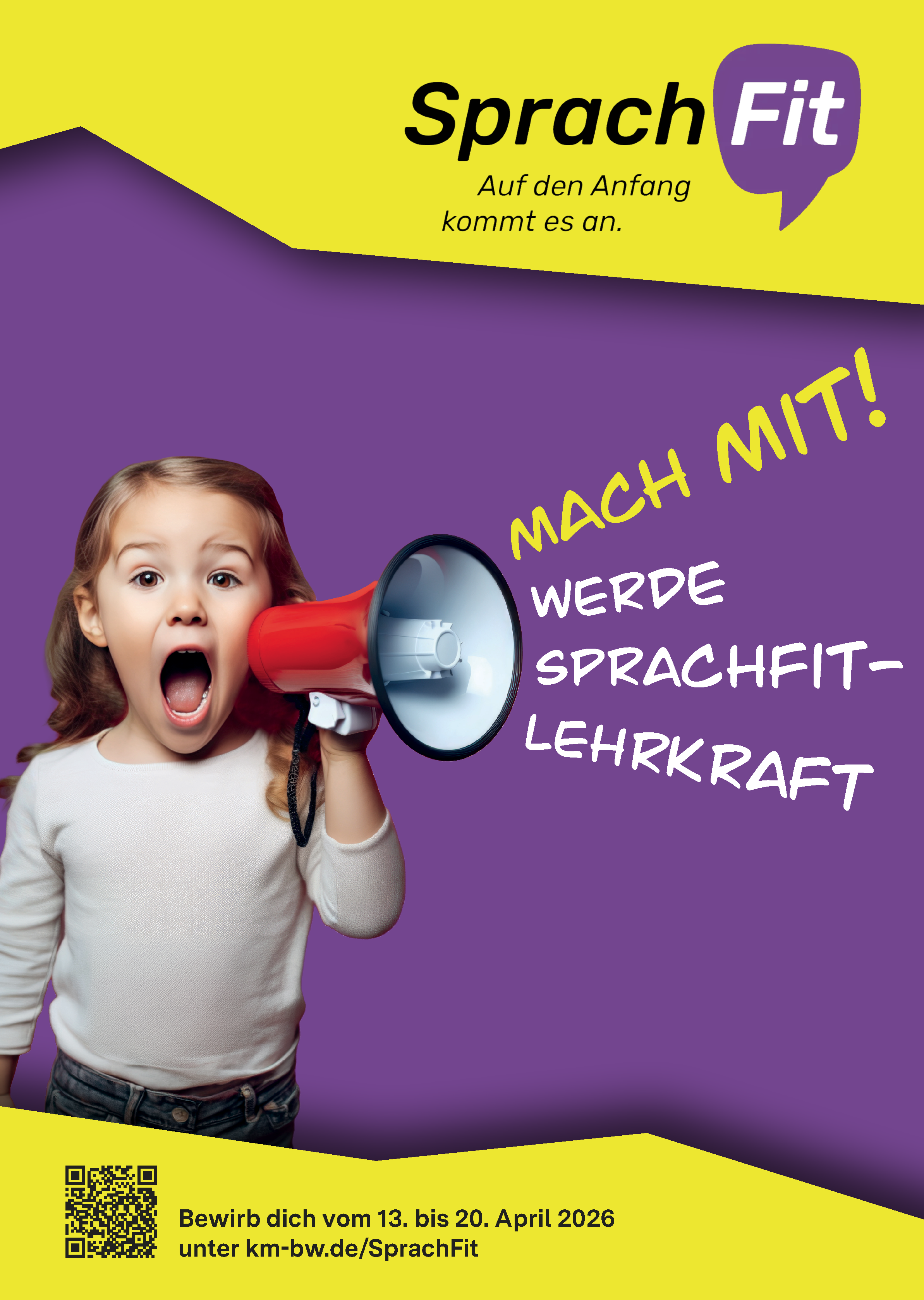 Schülerin ruft durch Megafon: Mach mit! Werde Sprachfit Lehrkaft