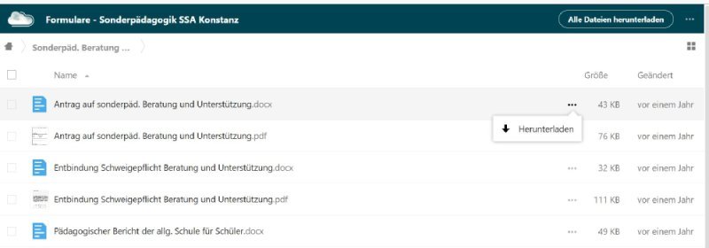 Downloadbereich im passwortgeschützten Bereich. 3 Punkte und die verschiedenen Öptionen